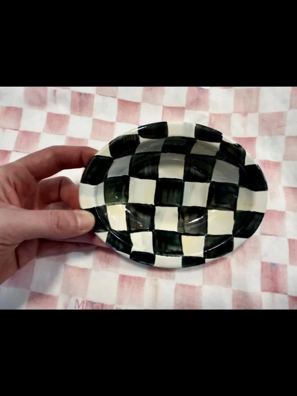 NEW - MacKenzie Childs - Black & White Courtly Check Oval Enamel Soap Dish